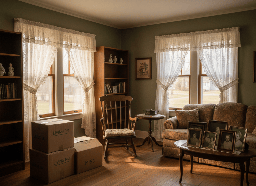 Sunlit living room of an older home with packed boxes, a rocking chair and a half-emptied bookshelf